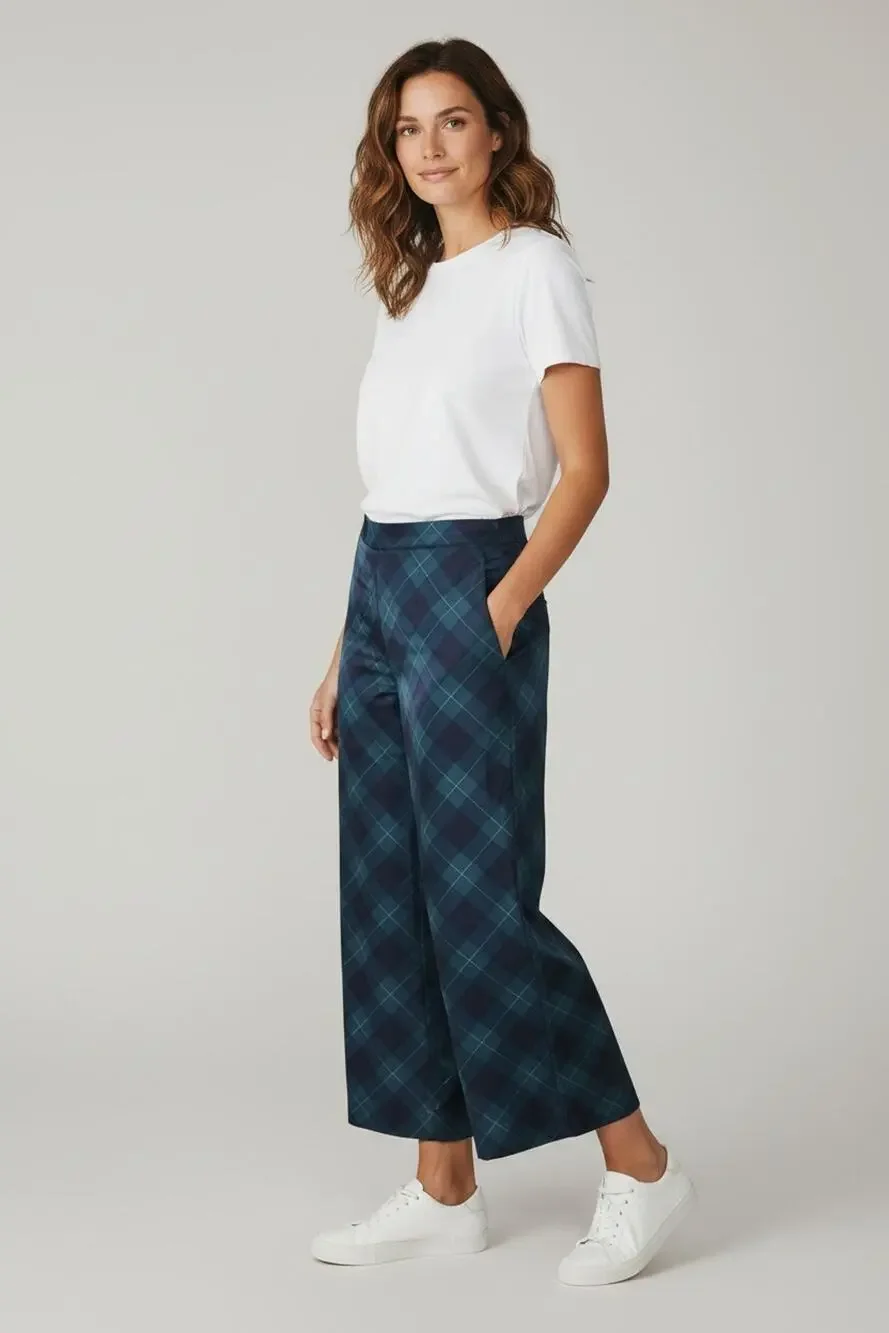 A5 NWT MAEVE Taffeta Printed Plaid Blue Motif Cropped Wide Leg Pants Size M